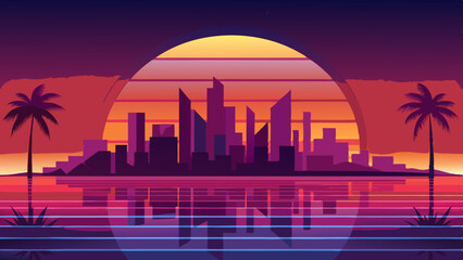 Fototapeta premium Retro cityscape sunset palm trees transparent background