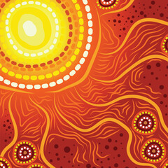 Aboriginal-style artwork depicting the sun radiating energy, with flowing lines representing connection to land and nature.
