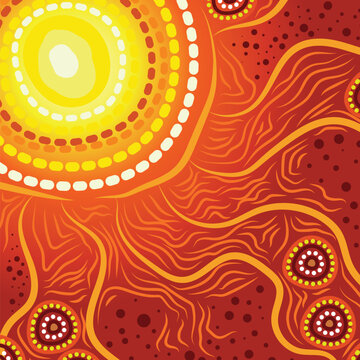 Aboriginal-style artwork depicting the sun radiating energy, with flowing lines representing connection to land and nature.