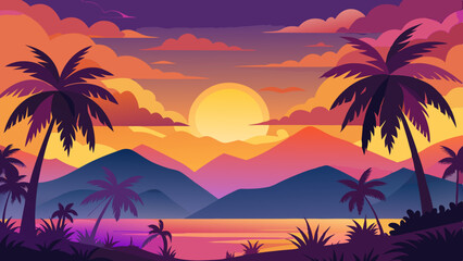 Fototapeta premium Tropical sunset landscape silhouette png transparent background