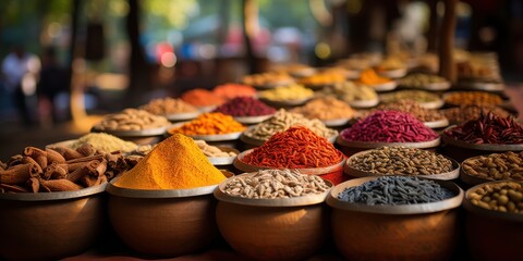 Fototapeta premium Vibrant spice market showcase local bazaar photography outdoor close-up culinary exploration