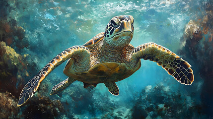 Fototapeta premium Majestic sea turtle glides through the ocean depths.