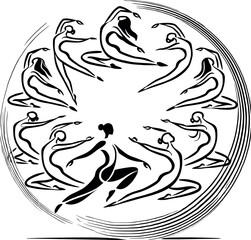 Black-and-white minimalist illustration of elegant female silhouettes seated in a circle, radiating unity lines from the center, forming a harmonious oil drop silhouette inspired by wellness themes.
