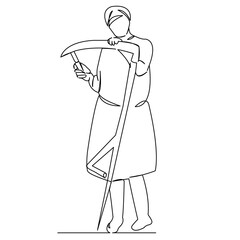 One continuous single drawing line art flat doodle farmer, grass, nature, outdoor, farm, garden, field, tool, scythe. Isolated image hand draw contour on a white background
