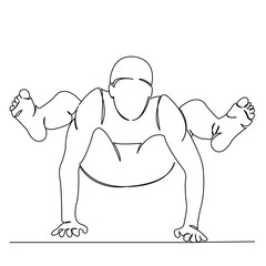 One continuous single drawing line art flat doodle yoga, pose, exercise, male, fitness, training, man, adult, balance. Isolated image hand draw contour on a white background

