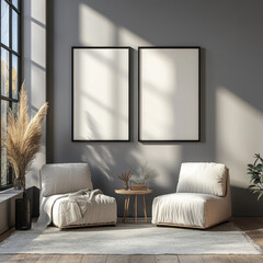 Double blank canvas on wall in modern grey room, perfect for home decor mockup with minimalist and neutral interior style.
