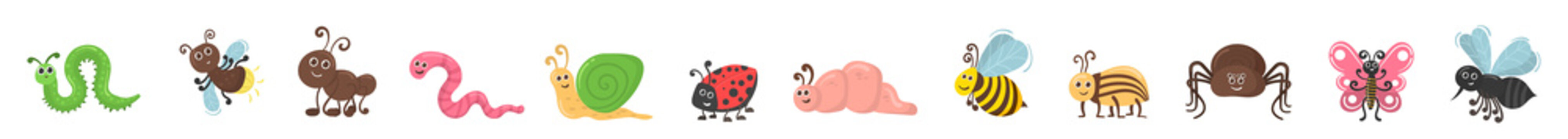 png cute cartoon insect collection with funny bug butterfly ant spider and colourful garden characters isolated vector icon for children nature comic animal humour wing creature illustration set

