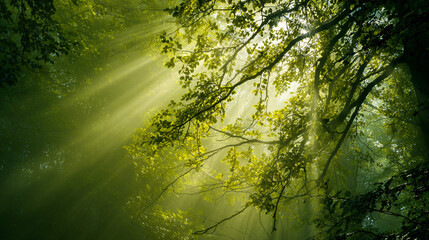 Sunlight beams filtering through dense green forest canopy creating dramatic rays. Golden light streaming between tree branches with atmospheric fog and mist