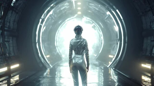 Astronaut enters blinding portal, embraced by futuristic glow. This portal suggests alien intelligence and unknown travel. Portal pulses with light, power, and mystery.