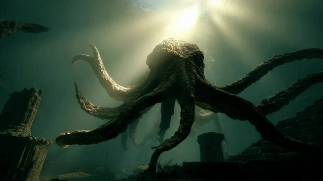 Gigantic creature emerges from shadows, tentacles illuminated by divine rays. Ktulhu radiates ancient menace and unknowable purpose. Hook Rakin moves like a forgotten god.