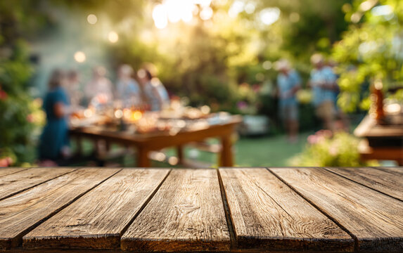 Wooden table surface with blurred outdoor barbecue party background and people gathering. Empty deck space for product display against social dining setting