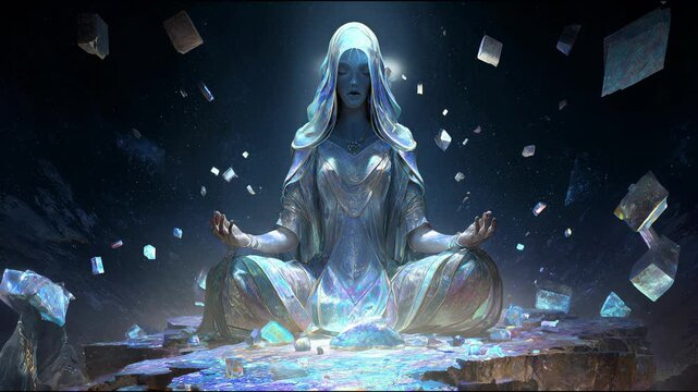 Alien goddess levitates in starry void, channeling cosmic energy. This alien radiates peace, power, and mystery. Alien lights swirl around the meditating alien.