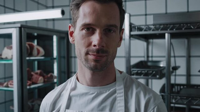 Confident professional butcher standing in traditional meat shop, wearing white apron, looking directly at camera with pride and expertise