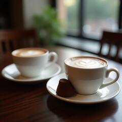 Enjoying Coffee Latte with Pastry on Wooden Table Indoors