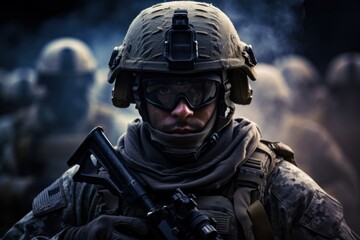 Naklejka premium Military operation in urban environment soldier in tactical gear low light close-up action and preparedness
