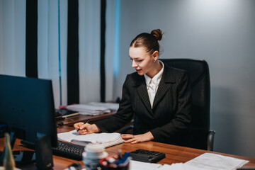 A woman in professional attire is focused while working at her desk in an office. She appears...