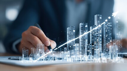 Real Estate Market Growth: Business Professional Using Digital Technology and Data Analysis for Property Investment and Percentage Increase in a Modern Workspace. High quality