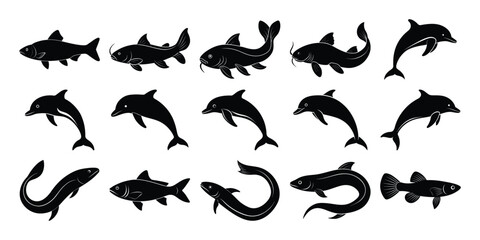 Silhouette Collection of Vector Animals – Fish, Dolphins, Catfish, and Eels on white background