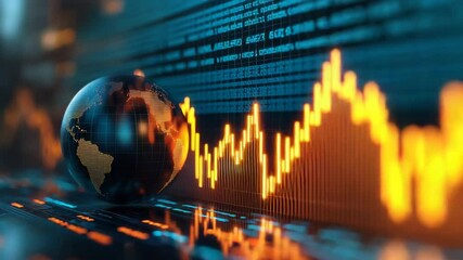 Digital globe with financial chart, stock market data visualization, and economic analysis showcasing global market trends, investment insights, business graph, and digital technology finance - Powered by Adobe