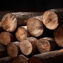 A mesmerizing perspective shot of organized wood logs, illuminated by soft sunlight, perfect for showcasing raw materials for architecture.