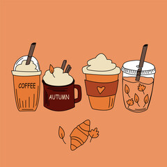 Cute illustration of cups with coffee and autumn drinks. Drink vector illustration design