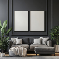 Double blank canvas on wall in modern grey room, perfect for home decor mockup with minimalist and neutral interior style.
