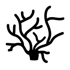 Vector Icon Pastel red coral like deer antlers,
with sea anemones in reef depths,
black silhouette illustration on white background