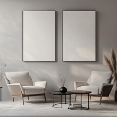 Double blank canvas on wall in modern grey room, perfect for home decor mockup with minimalist and neutral interior style.
