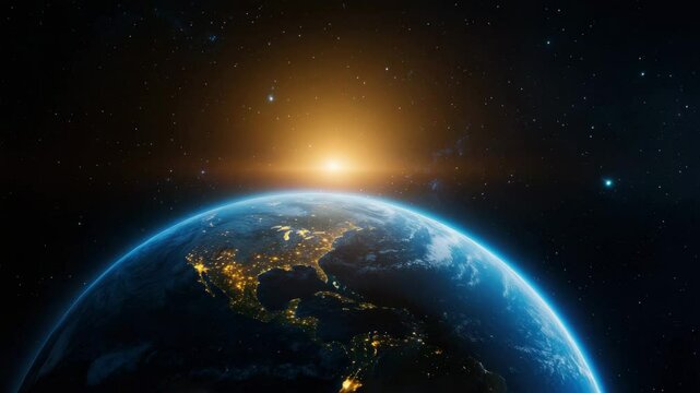 Sunrise over Earth from space with glowing city lights on dark side, showing planet curvature, atmospheric glow, horizon, and contrast between night and day in cosmic atmosphere