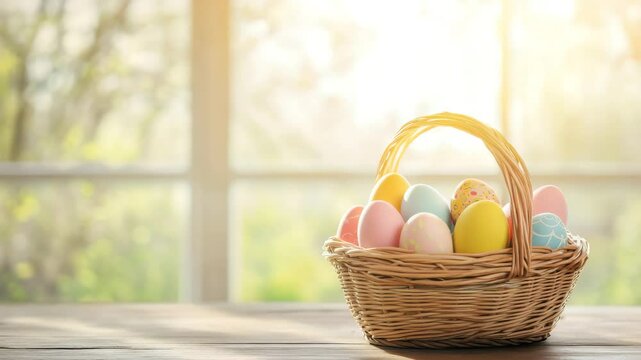 Colorful Easter eggs in wicker basket on wooden table with soft sunlight and blurred window background creating warm and festive spring holiday decoration atmosphere