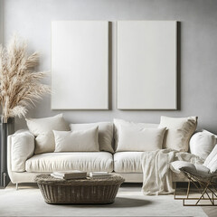 Double blank canvas on wall in modern grey room, perfect for home decor mockup with minimalist and neutral interior style.

