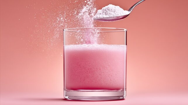 Glass filled with vibrant pink beverage as white powder is being poured from a spoon, creating a dynamic visual effect, showcasing the process of mixing ingredients for a refreshing drink