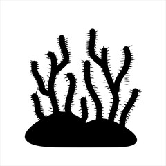 Vector Icon Long spiky orange coral reef structure,
sea anemones growing on rocky seabed,
black silhouette illustration on white background