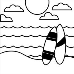Vector Icon Two surfboards stuck in beachside sand,
with waves, clouds, and bright sun,
line art style
