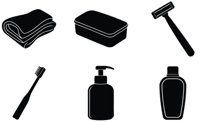 Toiletries and Hygiene Kit Silhouette Vector Set – Minimalist Black Icons of Toothbrush, Razor, Soap, Towel, Shampoo, and Travel Essentials