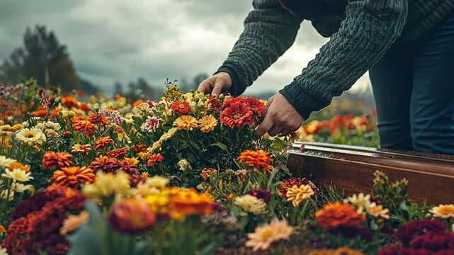 A person with dark hair wearing a gray sweater gathers colorful flowers in a vibrant field. The scene is set against a cloudy sky, showcasing autumn hues.