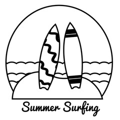 Vector Icon Two surfboards standing on a sand mound,
with ocean scenery in the background,
line art style