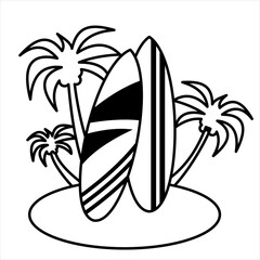 Vector Icon Two surfboards placed on the beach edge,
with tall coconut tree silhouettes behind,
line art style