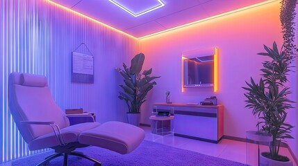 Modern relaxation room with vibrant lighting and plants.