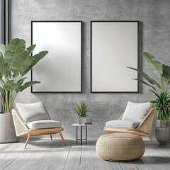 Double blank canvas on wall in modern grey room, perfect for home decor mockup with minimalist and neutral interior style.
