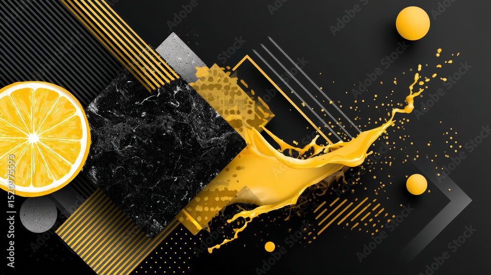 Poster playful abstract design featuring lemon slice with splash elements and dynamic patterns on dark back