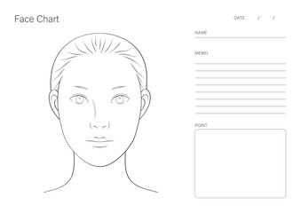メイク練習・美容カウンセリング用のA4横型フェイスチャートテンプレート（女性・線画・メモ欄付き）

