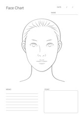 メイク練習・美容カウンセリング用のA4縦型フェイスチャートテンプレート（女性・線画・メモ欄付き）


