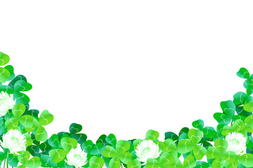 シロツメクサ、四葉のクローバー、三葉のクローバーの花畑のイラスト（コピースペースあり）