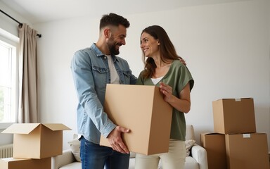Happy couple moving into new home arranging cardboard boxes. High quality