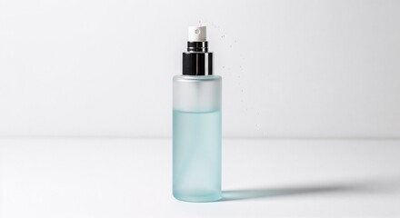 Transparent blue cosmetic spray bottle with pump on white background