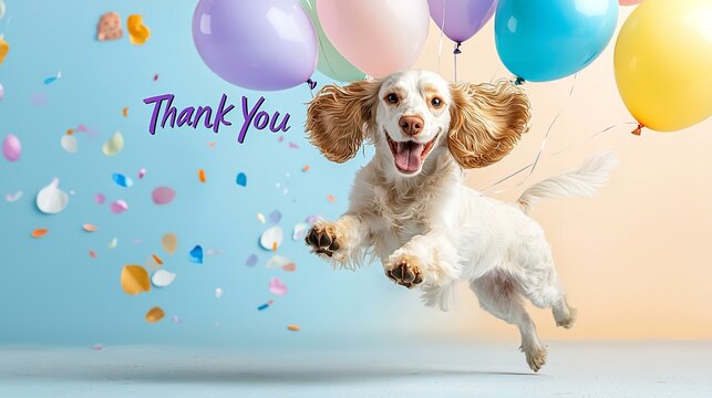 Dog with Thank You Message, Balloons and Petals