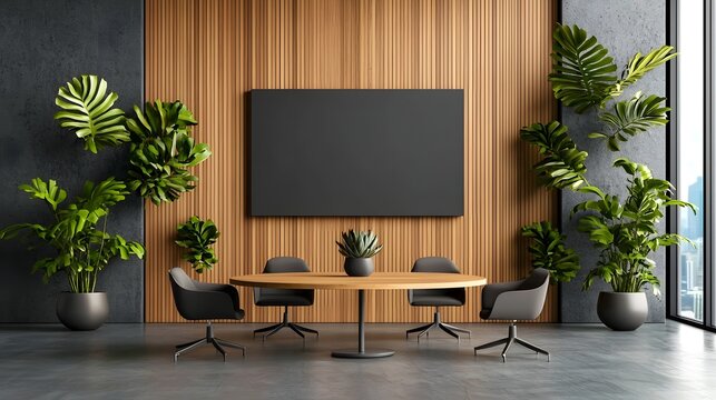 A modern meeting room with a sleek timber wall and display - Powered by Adobe