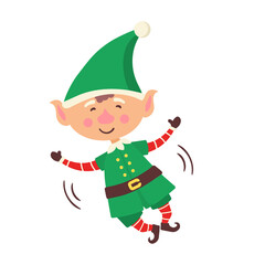 png adorable santa helper with vintage elf outfit christmas present box stocking december bell cartoon celebration boy cute gift character green fun holiday creature isolated icon design

