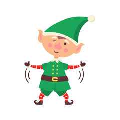 png funny elf cartoon in christmas costume with hat stocking toy decoration gift merry claus bag helper cute dwarf retro vintage children fantasy character greeting isolated icon illustration

